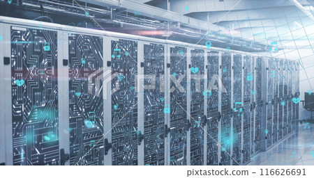 Image of mathematical equations, icons and data processing over computer servers 116626691