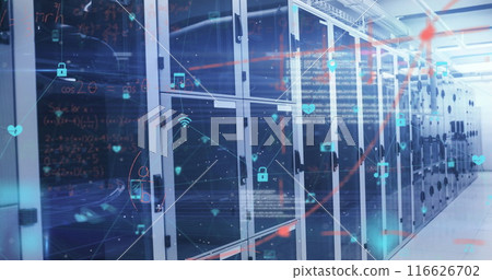 Image of digital icons and data processing over computer servers Image of digital icons and data processing over computer servers 116626702
