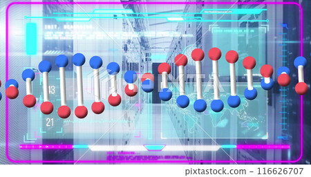 Image of dna strand spinning and data processing over computer servers Image of dna strand spinning and data processing over computer servers 116626707