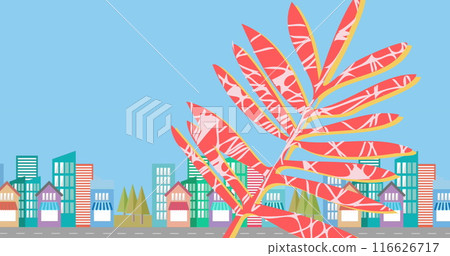 Image of leaf over cityscape on blue background Image of leaf over cityscape on blue background 116626717