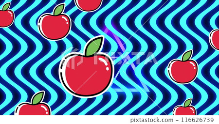 Image of apples floating over wavy blue background Image of apples floating over wavy blue background 116626739