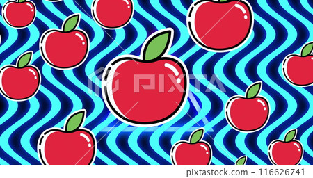 Image of apples floating over wavy blue background 116626741