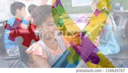 Image of colourful puzzle pieces and female friends using algeria 116626767