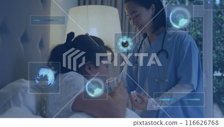 Image of scopes and data processing on screens over biracial female doctor and patient 116626768