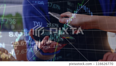 Image of financial data processing over caucasian man using smartphone 116626770