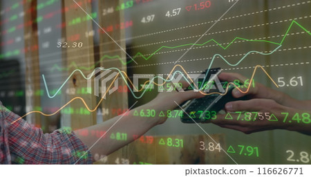 Image of data processing over caucasian woman paying with smartphone Image of data processing over caucasian woman paying with smartphone 116626771