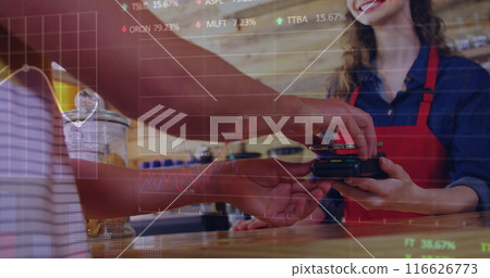 Image of data processing over hands paying with smartphone Image of data processing over hands paying with smartphone 116626773