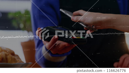 Image of connections over hands of caucasian using smartphone 116626776