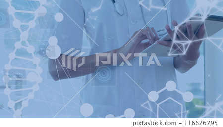 Image of data processing over caucasian female doctor with tablet 116626795