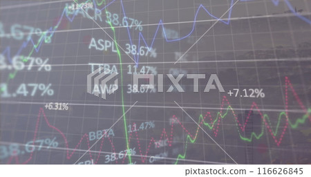 Image of light over financial data over foggy cityscape 116626845
