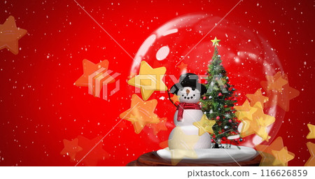 Image of falling golden stars and snowing globe over red background Image of falling golden stars and snowing globe over red background 116626859