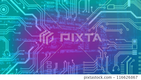 A composite of a blue and purple gradient background with a microprocessor circuit board in the fore A composite of a blue and purple gradient background with a microprocessor circuit board in the fore 116626867