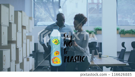 Image of say no to plastic text banner over african american man and woman discussing at office 116626885
