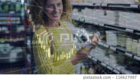 Image of data processing over happy caucasian woman in shop 116627097