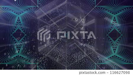 Image of data processing and digital human head over shapes on black background 116627098