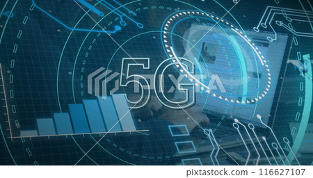 Image of scope scanning with 5g text and data processing over hands typing on keyboard 116627107