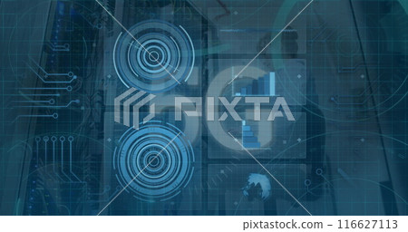 Image of scope scanning with 5g text and data processing over caucasian woman in server room 116627113