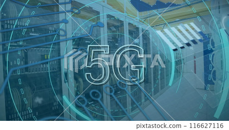 Image of scope scanning with 5g text and data processing over server room 116627116