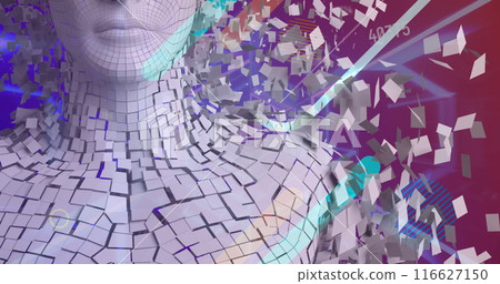 Image of data processing and digital human over shapes on purple background 116627150