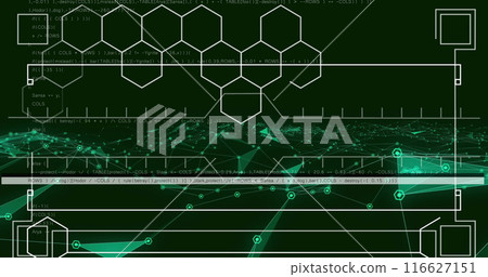 Image of data processing and digital human over shapes on black background 116627151