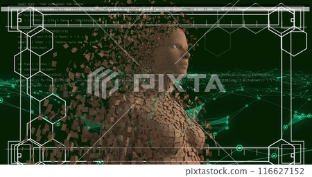 Image of data processing and digital human over shapes on black background 116627152