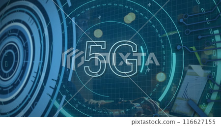 Image of scope scanning with 5g text and data processing over server room Image of scope scanning with 5g text and data processing over server room 116627155