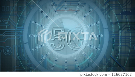 Image of 5g text over round scanner and data processing against computer server room 116627162