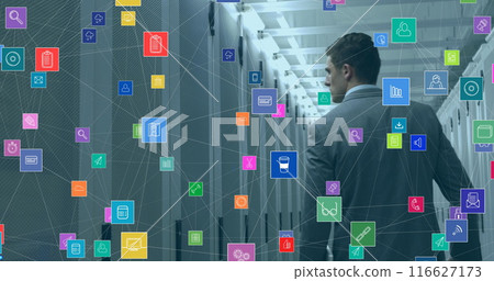 Image of network of connections with icons over caucasian man in server room Image of network of connections with icons over caucasian man in server room 116627173