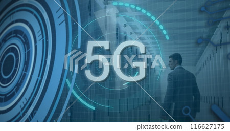 Image of scope scanning with 5g text and data processing over caucasian man in server room 116627175
