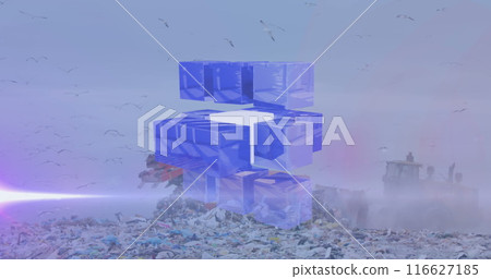 Image of cube pattern and lens flare over garbage spilling out of garbage bin at dump yard 116627185