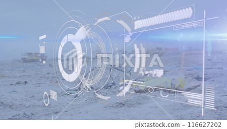 Image of loading circle with bar graph and lens flare over low angle view of dumping ground Image of loading circle with bar graph and lens flare over low angle view of dumping ground 116627202