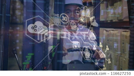 Image of data processing over african american male worker in warehouse Image of data processing over african american male worker in warehouse 116627250