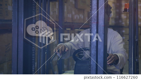 Image of data processing over african american male worker in warehouse 116627260