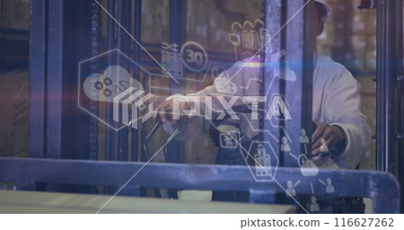 Image of data processing over african american male worker in warehouse 116627262
