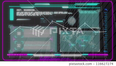 Image of interface with data processing against tall buildings 116627274