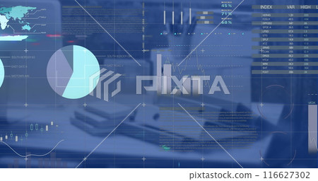Image of financial data processing over desk in modern office Image of financial data processing over desk in modern office 116627302