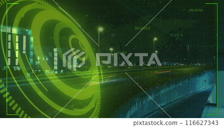 Image of neon round scanner and light trails against city traffic at night 116627343