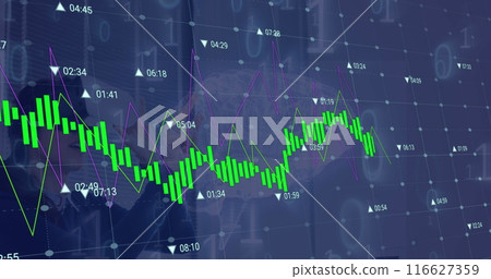 Image of financial data processing over human brain against woman wearing vr headset Image of financial data processing over human brain against woman wearing vr headset 116627359
