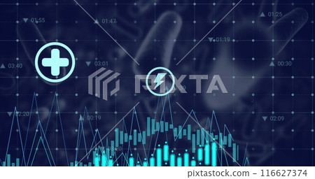 Image of data processing and digital icons over blood vessels floating against blue background 116627374