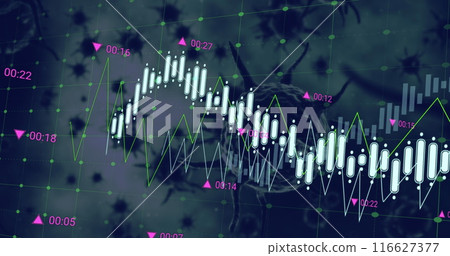 Image of financial data processing over covid-19 cells floating against grey background 116627377
