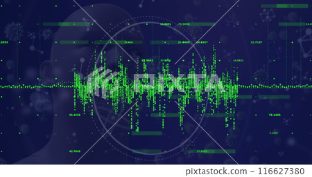 Image of data processing against covid-19 cells and molecular structures over human head model Image of data processing against covid-19 cells and molecular structures over human head model 116627380