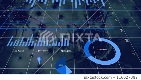 Image of statistical data processing over covid-19 cells floating against grey background Image of statistical data processing over covid-19 cells floating against grey background 116627382