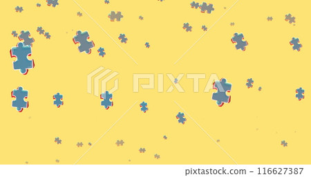 A digital image of puzzle pieces falling on a yellow background, with a black puzzle icon in the cen A digital image of puzzle pieces falling on a yellow background, with a black puzzle icon in the cen 116627387