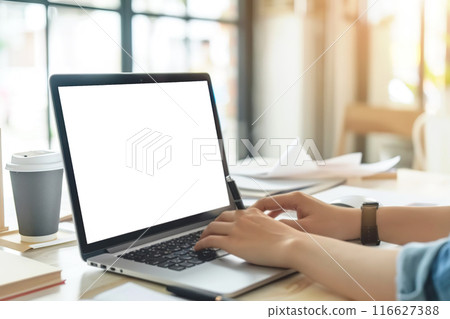 Woman using laptop in office sitting at desk. Empty blank white screen mockup. Copy space area for text, logo, app. Person working, female hands typing. Mock up display PC. Business websites, service 116627388