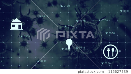 Image of data processing and digital icons over covid-19 cells floating against grey background 116627389