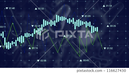 Image of financial data processing over blood vessels floating against blue background 116627430