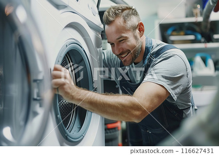 Repairman and washing machine. Young handsome smiling repair man in worker suit with professional tools fixing a laundry washer in bathroom at home. Maintenance engineer plumber repairs clothes washer 116627431