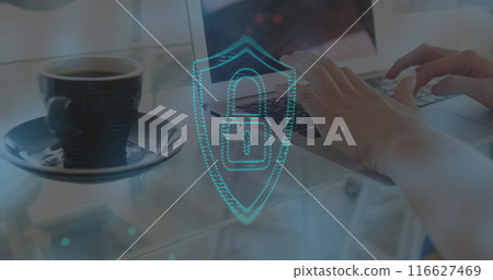 Image of online security padlock over woman using laptop Image of online security padlock over woman using laptop 116627469