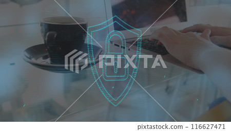Image of online security padlock over woman using laptop Image of online security padlock over woman using laptop 116627471