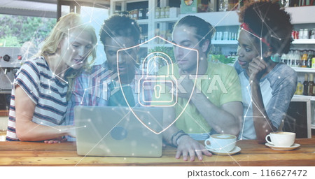 Image of padlock in shield, dots forming geometric shapes on diverse friends discussing in cafes 116627472